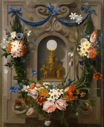 Die Eucharistie umgeben von Blumen