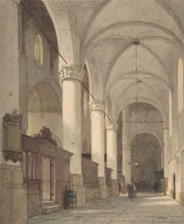 Gewölbtes Seitenschiff einer Kirche mit Figuren, 19. Jahrhundert