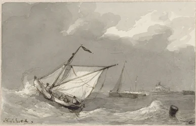 Fischerboot auf stürmischer See, mit einem Dorf in der Ferne