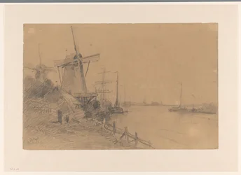 Mühlen bei Dordrecht entlang des Flusses mit Schiffen