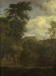 Arkadische Landschaft mit Diana beim Baden