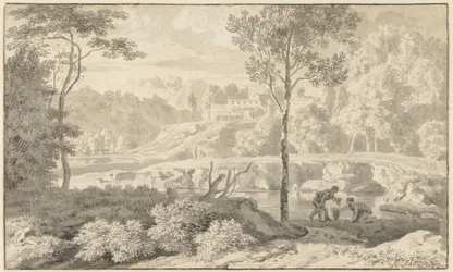 Arkadische Landschaft mit Figuren an einem See