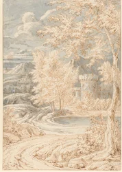 Arkadische Berglandschaft mit einem runden Turm