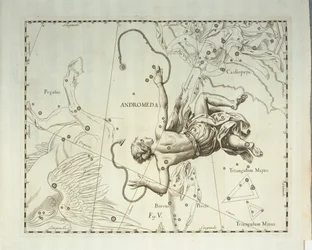 Boreale Konstellation von Andromeda, Gravur aus dem Himmelsatlas Firmamentum Sobiescianum sive Uronographia, von Johann Hevelius, Danzig
