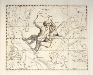 Sternbild Zwillinge, Gravur aus dem Himmelsatlas Firmamentum Sobiescianum sive Uronographia, von Johann Hevelius (1611-1687), Danzig