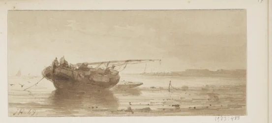 Schiff mit gerefftem Segel auf einem Fluss