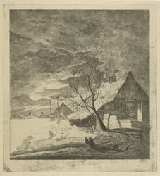 Nachtlandschaft mit Bauernhof und Schlittschuhläufern