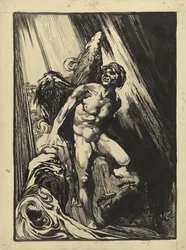Luzifer in einer Felsenlandschaft bei einem Strom, aufblickend zum Licht