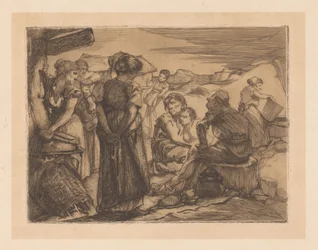 Mann, Frauen und Kind in hügeliger Landschaft