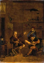 Ein Chirurg behandelt den Fuß eines Mannes. Schabkunstblatt nach einer Johannes Lingelbach zugeschriebenen Komposition.
