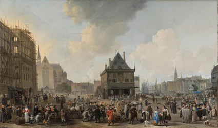 Der Dam, nach Norden gesehen, mit dem Rathaus im Bau