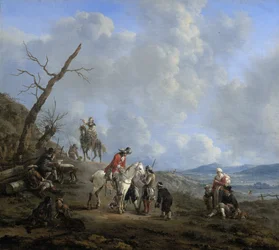 Landschaft mit Reitern, Jägern und Bauern