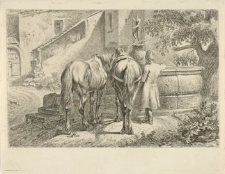 Trinkende Pferde an einem Brunnen