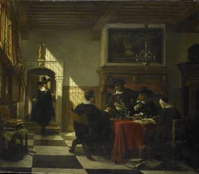 Gesellschaft in Kostümen des 17. Jahrhunderts an einem Tisch mit einem Nautilusbecher
