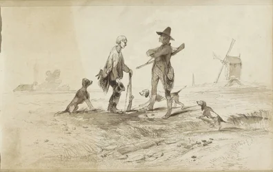 Jäger mit Hunden in einer Landschaft mit einer Mühle