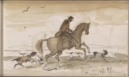 Landschaft mit einem Reiter und rennenden Hunden