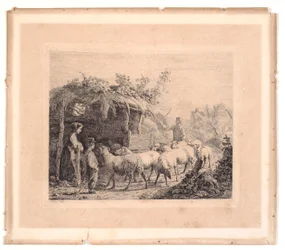 Eine Herde Schafe wird in den Stall getrieben