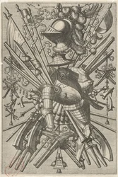 Flächendekoration, bestehend aus einer Waffentrophäe (Vlakdecoraties en friezen met trofeeën)