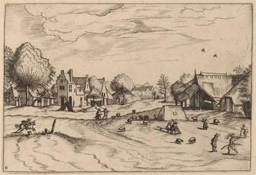 Dorf mit Schafen und sitzendem Hirten