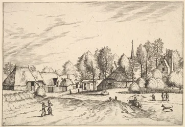 Dorf mit Kirchturm aus Multifariarum casularum ruriumque lineamenta cur..., 1559-61