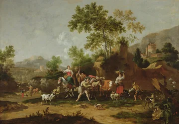 Italienische Landschaft mit Figuren und Tieren