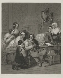 Die Familie Cromwell bittet um das Leben von Karl I., Druck von Alfred Johannot