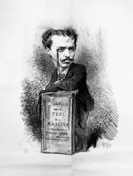 Karikaturporträt von Felice Carlo Emanuele Cavallotti (1842-1898), italienischer Dichter, Dramatiker, linksgerichteter, antimonarchistischer Journalist, Patriot und politischer Führer, Gravur