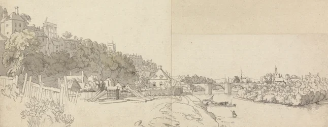 Eine Stadt vom Ufer eines Flusses gesehen