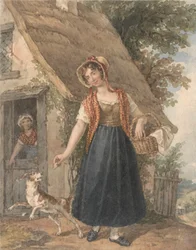 Junge Frau mit Hund vor einer Hüttentür