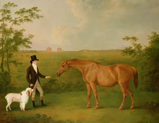 Ein Herr mit einem weißen Hund und einer kastanienbraunen Stute in einer Landschaft