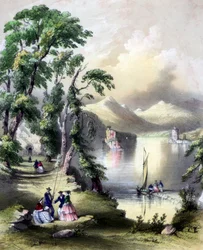Der See von Killarney mit den Ruinen der Abtei Innisfallen, Irland, 19. Jahrhundert