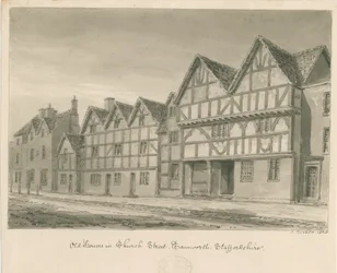 Tamworth - Alte Häuser in der Church Street: Sepiawaschzeichnung, 1838