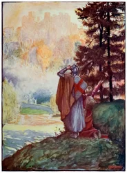 Christian und Hopeful erblicken die Himmlische Stadt aus The Pilgrims Progress From This World, To That Which Is To Come von John Bunyan (1628-1688) Illustration von Byam Shaw (1872-1919)