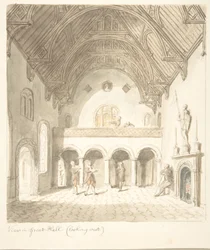 Lea Castle, Worcestershire, Blick in die Große Halle, nach Westen, ca. 1816