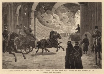 Der Anschlag auf das Leben des Zaren, Ankunft der ersten Lokomotive am Winterpalast nach der Explosion