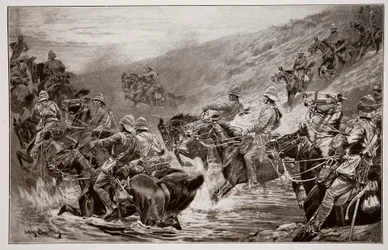 Der Ansturm auf Kimberley - Die 10. Husaren überqueren Klip Drift, nach einer Skizze von G.D. Giles