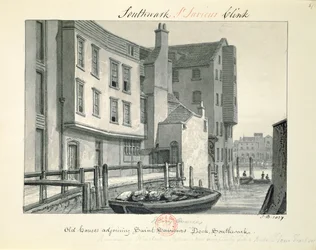 Alte Häuser am St. Saviour’s Dock, Southwark, 1827, aus „Pennant’s London“