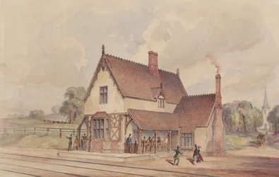 Viktorianischer ländlicher Bahnhof und Eisenbahnübergang, 1844-77