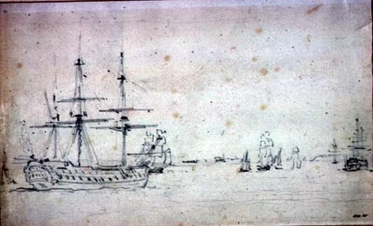 Ein Schiff vor Anker und andere Schiffe auf der Themse