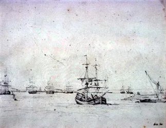 Eine Brigg vor Anker und andere Schiffe auf der Themse