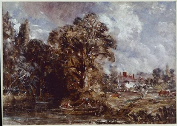 Flusslandschaft mit Bauernhaus am Wasser