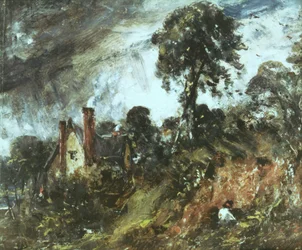 Hütte unter Bäumen mit Sandbank, ca. 1830-36