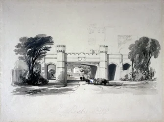 Rugby Eisenbahnbrücken von der Straße aus gesehen, Warwickshire, April 1839