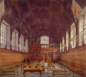 Innenansicht der Middle Temple Hall vom hohen Tisch mit Figuren, London, 1884
