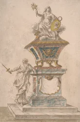 Denkmal: Frieden sitzt auf einer Urne, ein Mann mit gezogenem Schwert steht auf dem Sockel des Denkmals