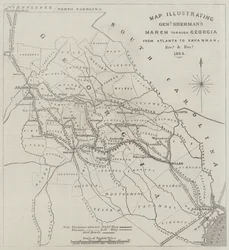 Karte, die General Shermans Marsch durch Georgia von Atlanta nach Savannah im November und Dezember 1864 illustriert