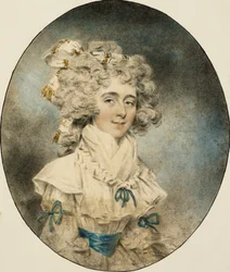 Porträt von Mrs. Fisher, halbe Länge, in einem weißen Kleid mit blauen Bändern, 1788