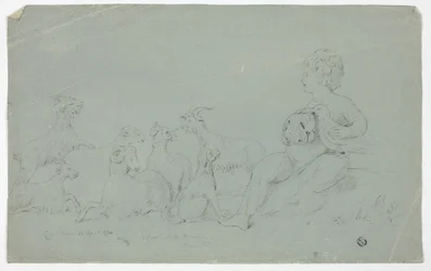 Antikes Basrelief mit sitzendem Jungen, der einen Falken hält, begleitet von Hund, Schaf und Ziegen