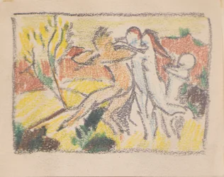 Drei weibliche Figuren halten einen Mann zurück