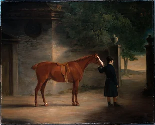 Ein Jäger und ein Stallbursche in einem Hof